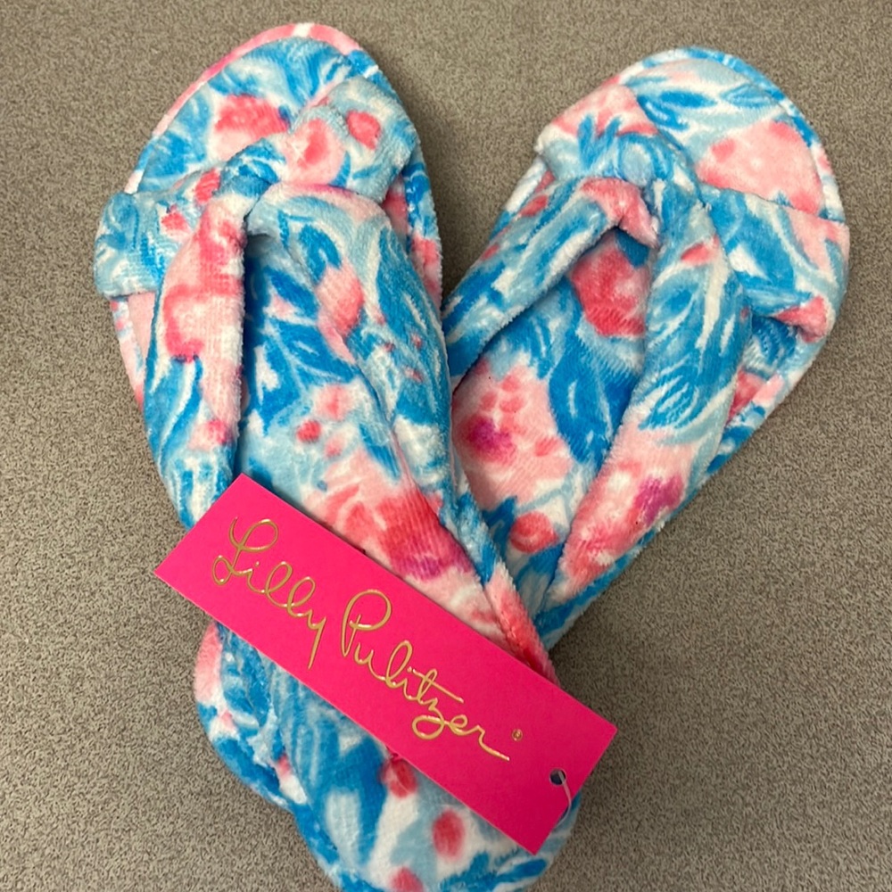 Lilly Pulitzer Floral Velour Terry Slippers Spa Beach Cottagecore Sz 9/10 MWT
